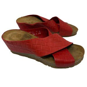 Yokono Sandals Womens Size 7.5 Red Woven Leather Slide-On Wedge Thick Straps